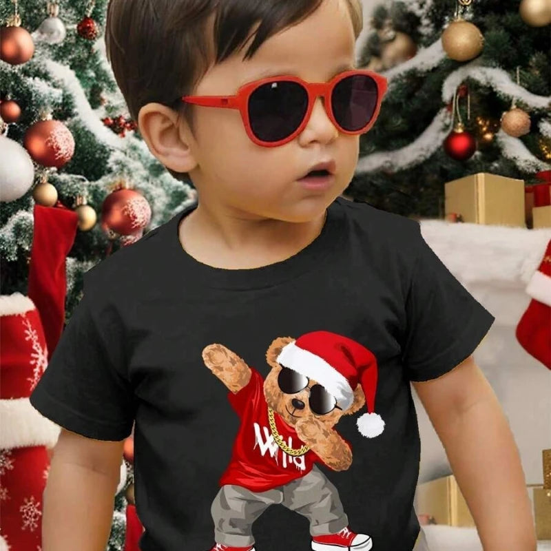 New Boys' T-shirts, Spring and Autumn Children's Colorful Christmas Printed Tops, Baby Base Shirts, Short-sleeved T-shirts