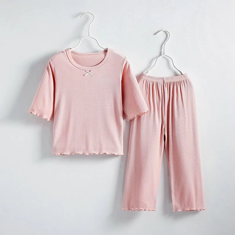 Girls' Short-Sleeved Pajamas, Summer Simple and Elegant Baby Home Clothes Set, Little Girls Can Wear Air-Conditioned Clothes Outside, Trendy