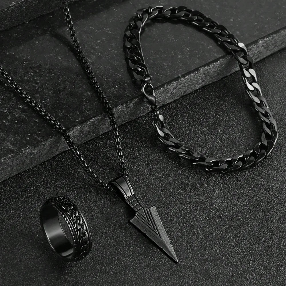 Hip Hop Men's Metal Cross Pendant Chain Necklace Bracelet Ring Jewelry Set Male Daily Wear Accessories 3pcs Set