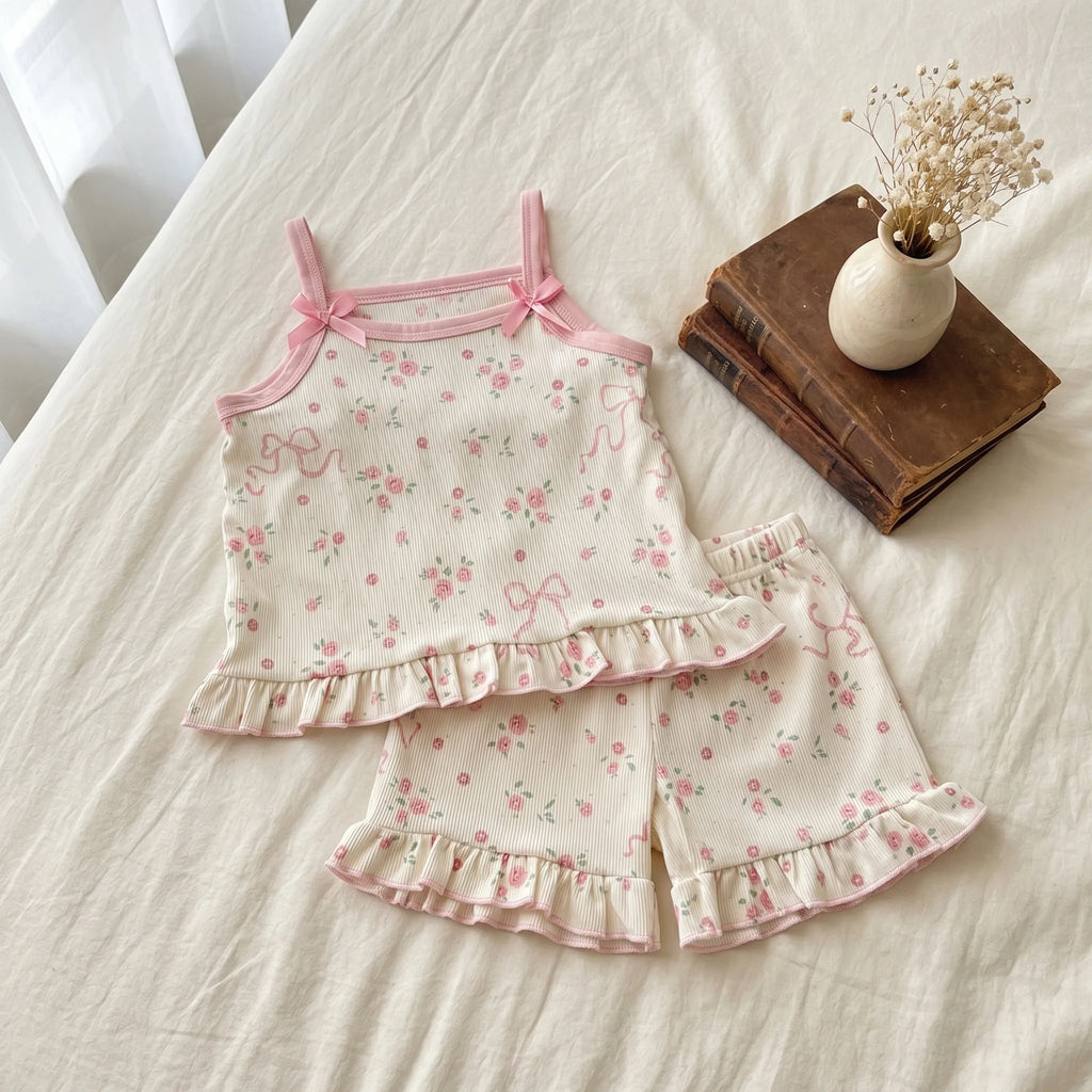 Ins Korean Style Toddler Girls Summer Pajama Set Sleeveless Bow Strap Design With Cartoon Floral Print Loose Casual Nightwear