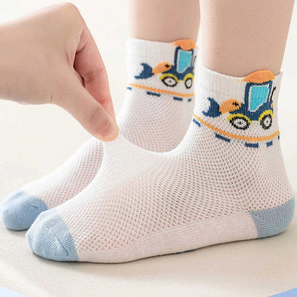 5 pairs of men's children's socks, cartoon construction vehicle mesh breathable short socks, kids' socks