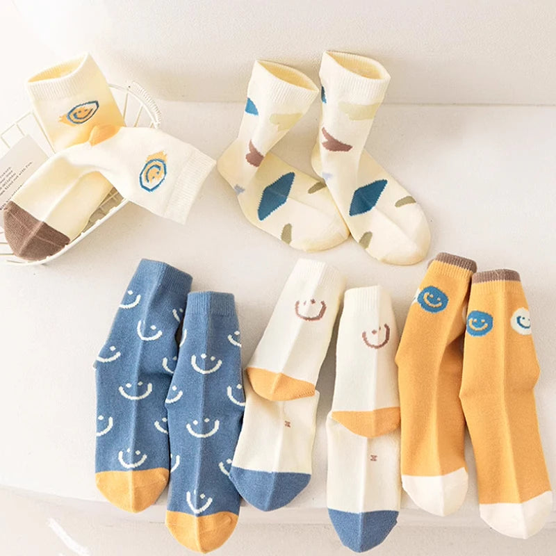 5 Pairs Cotton Solid Kids Boys Half Socks Letter Smiling Pattern  Comfotable Sweat Absorbing Elastic Socks for Children Girls