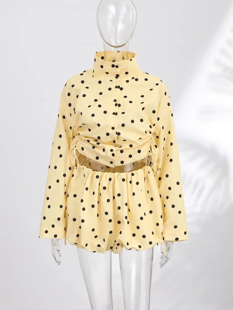 Polka Dot Pleated Coats Shorts 2 Pieces Set Women's Full Sleeves Draw-string Top Straight Short 2026 New Ladies Autumn Outwear