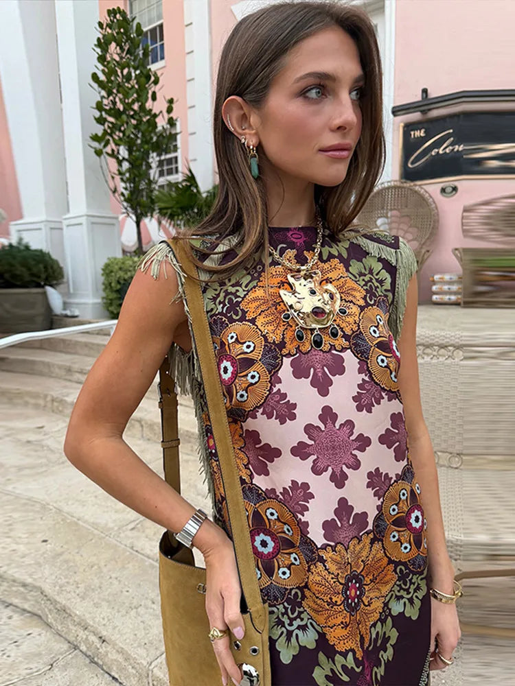 Fashion Tassel Patchwork Floral Printed Dresses Elegant Sleeveless Female Irregular Dresses 2026 Summer Lady Beach Party Robes