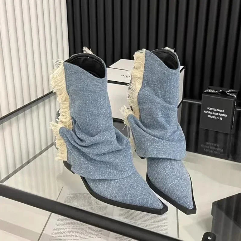 Boots Women 2024 New Four Seasons Western Blue Vintage Pointed High Heels Outdoor Fashion Walking Short Shoes Comfortable