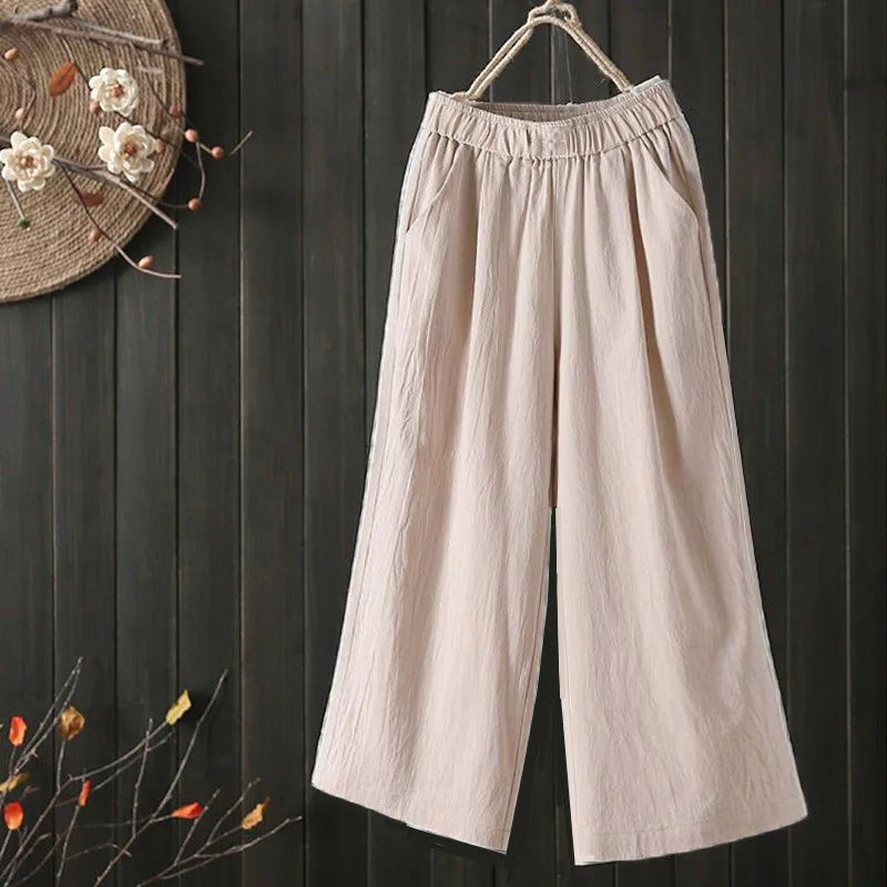 Pure Cotton Wide Leg Pants Women's Summer Loose Mom Large Size Cotton Nine Points Casual Pants High Waist Straight Cut Trousers