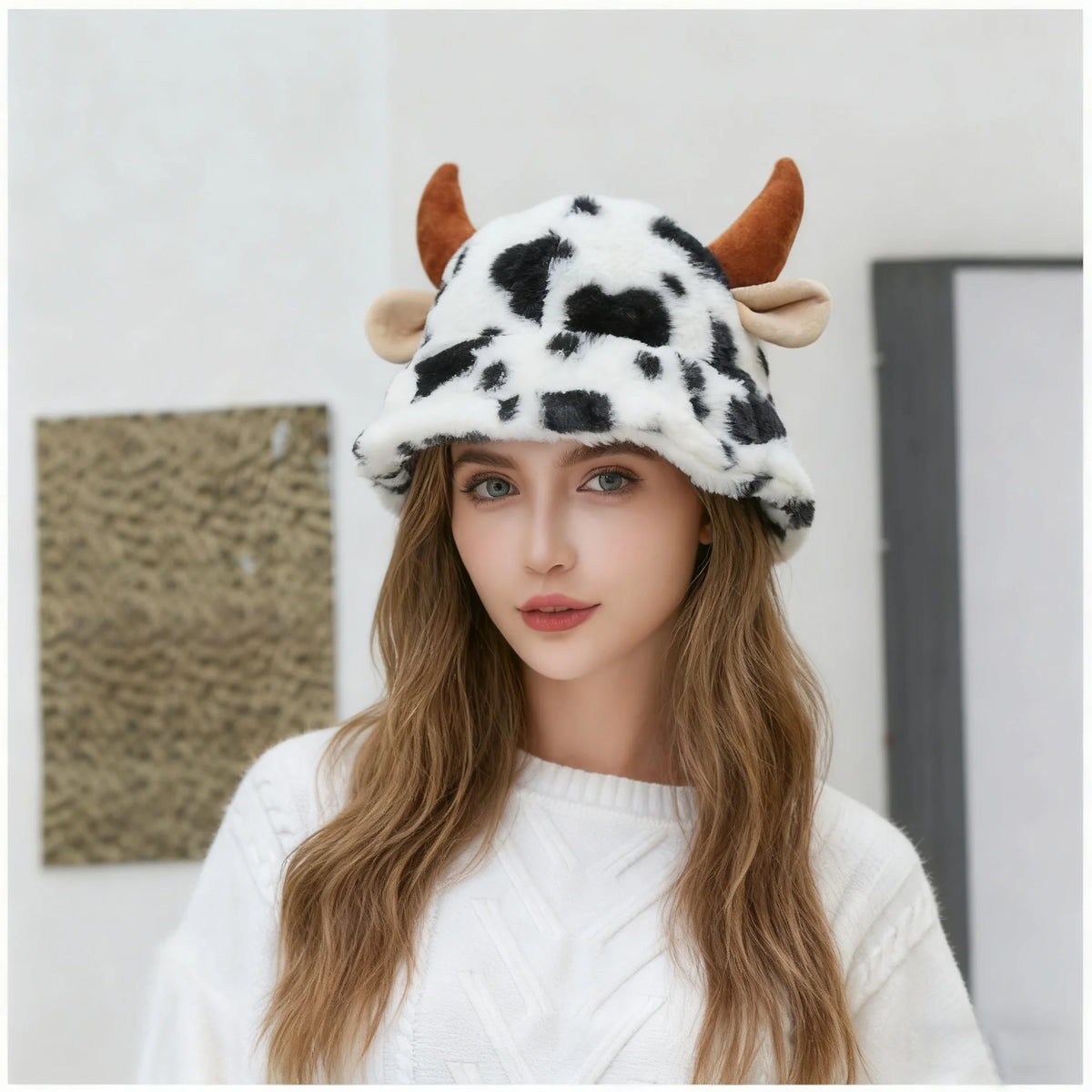 Women's Cow Print Horn Fisherman Hat - Korean Style, Fleece-Lined, Thickened & Warm Bucket Hat for Winter