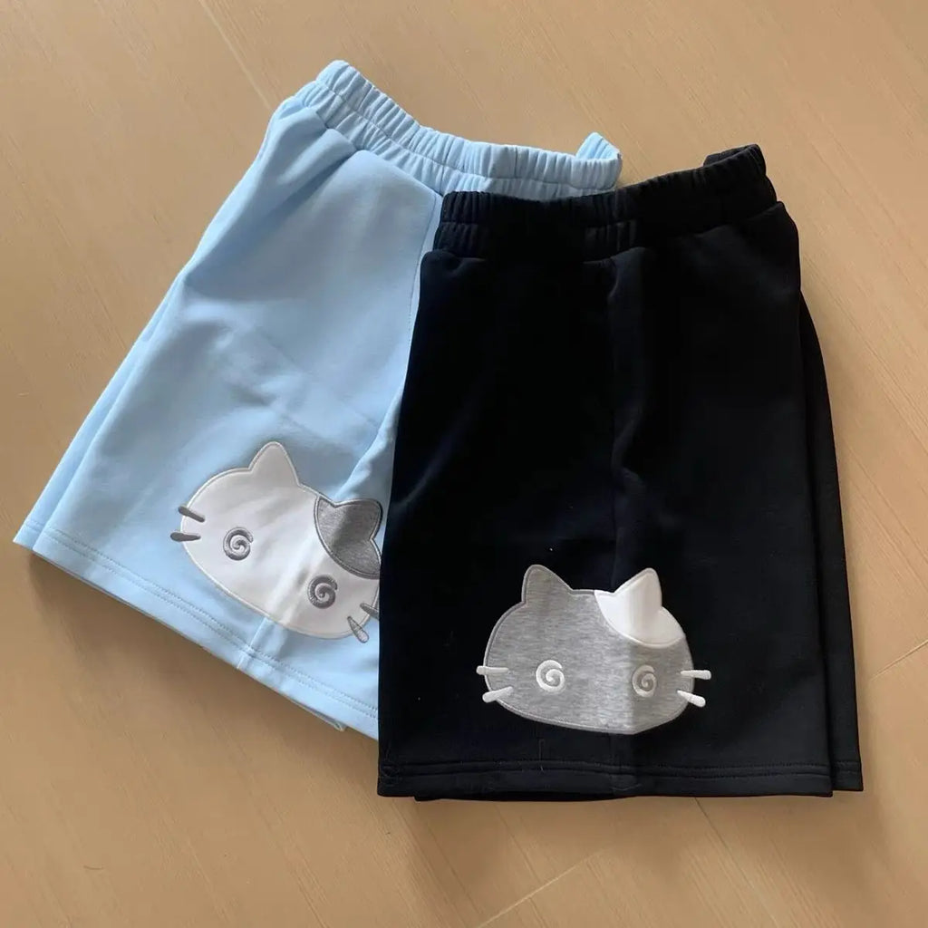 Y2k Japanese Short Sleeve Hoodie Sweet Women Casual Bodycon Kawaii Top Stand Collar Cat Embroidery Zipper Spring Summer