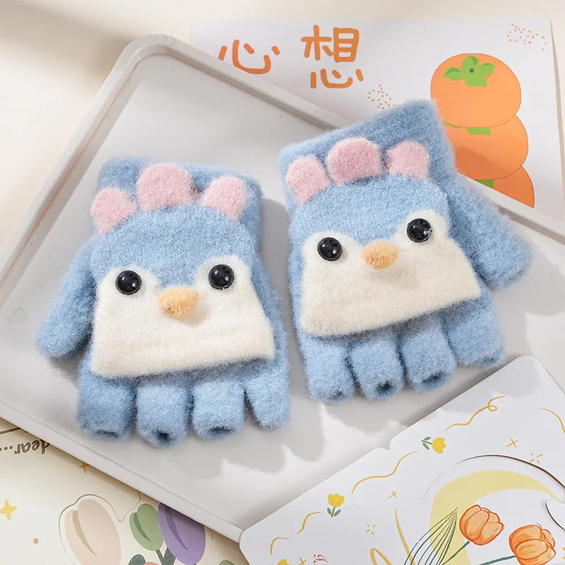 Children's Warm Gloves for Boys and Girls Cartoon Cute Half Finger Knitted Winter Flip Cover Baby Thick Cold Proof Five Fingers