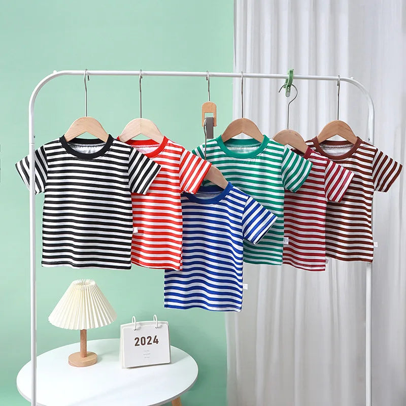 1pcs Kid 100% Cotton Short Sleeve T-shirt Summer Baby Comfortable Clothes Boys Girls Stripe Tee Children Breathable Leisure Tops