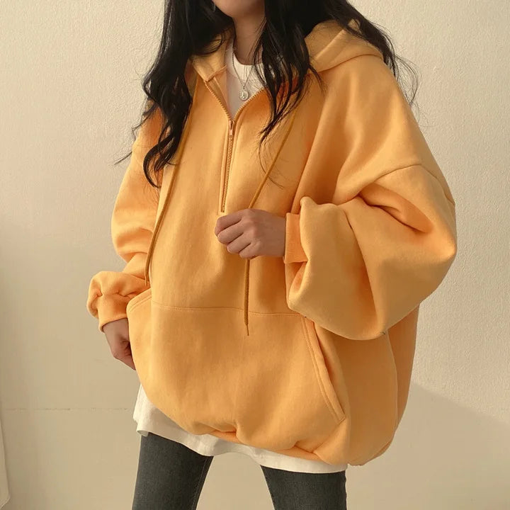Women Hoodie Harajuku Loose Oversized Solid Color Top Half Zip Up Sweatshirt Female Casual Long Sleeve Pocket Hooded Coats 2025