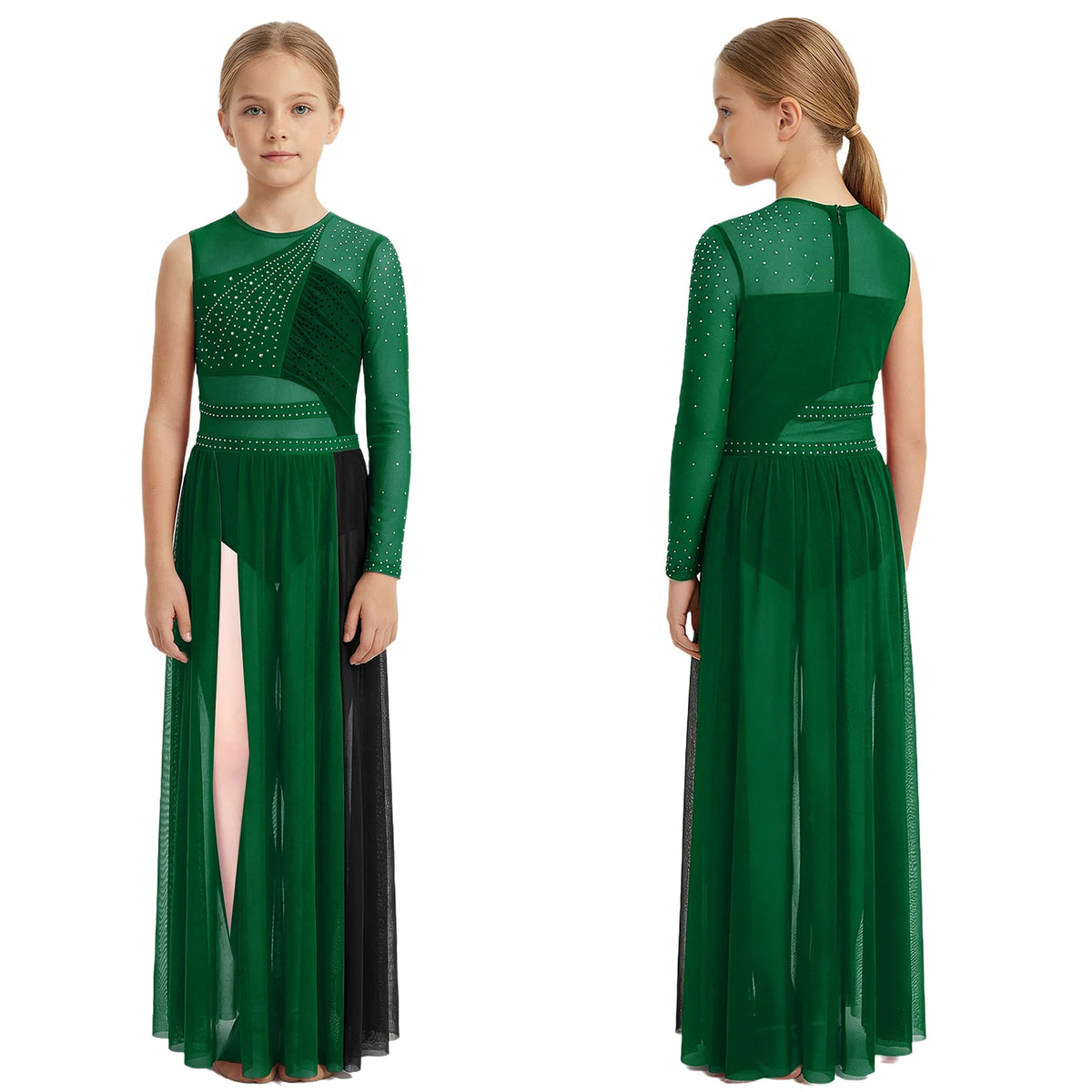 Kids Girls Lyrical Contemporary Dance Dress Patchwork Side Split Mesh Shiny Rhinestones Dresses Competition Performance Costumes