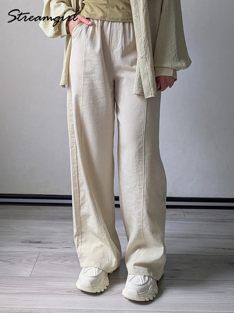 Cotton Summer Pants For Women Wide Leg Blue Trousers With Elastic Band Straight Leg Bottoms White Women's Pants Summer Loose