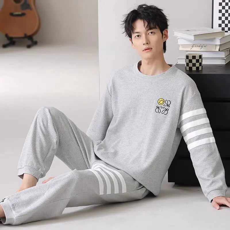 Men Pajamas Set 100% Cotton Casual Sleepwear Male Autumn Long Sleeve Solid Pyjamas