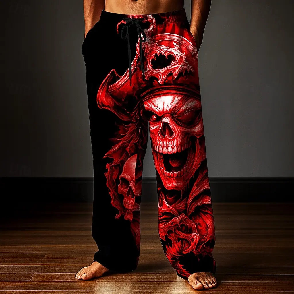 Men's Skull Skeleton Printed Trousers Baggy Pants Casual Pants Mid Waist Elastic Drawstring Waist Pants for Men Streetwear Fall
