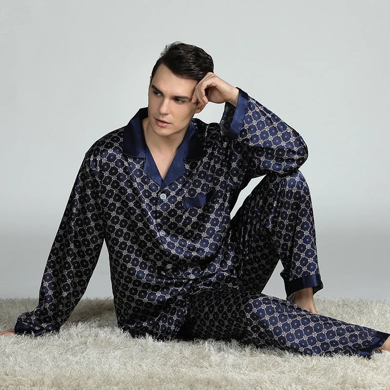Pajamas Set Men's Home Clothes Long Sleeve Shirt&pants Male Satin Print Nightwear Casual Trousers Suit Spring Summer Loungewear