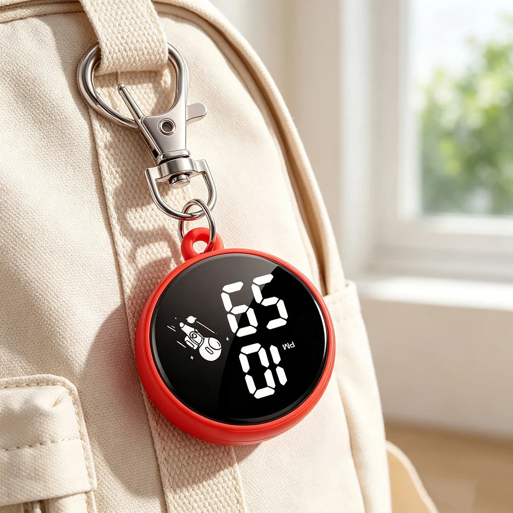 New Silent Digital Exam Keychain Watches for Kids Portable Round Hanging Backpack Large Screen Pocket Watch for Student Girls