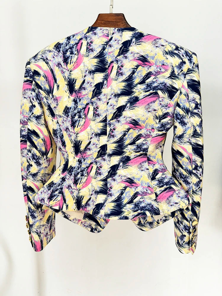 HIGH STREET Newest 2026 Designer Jacket Women's Gorgeous Feather Printed Collarless Blazer