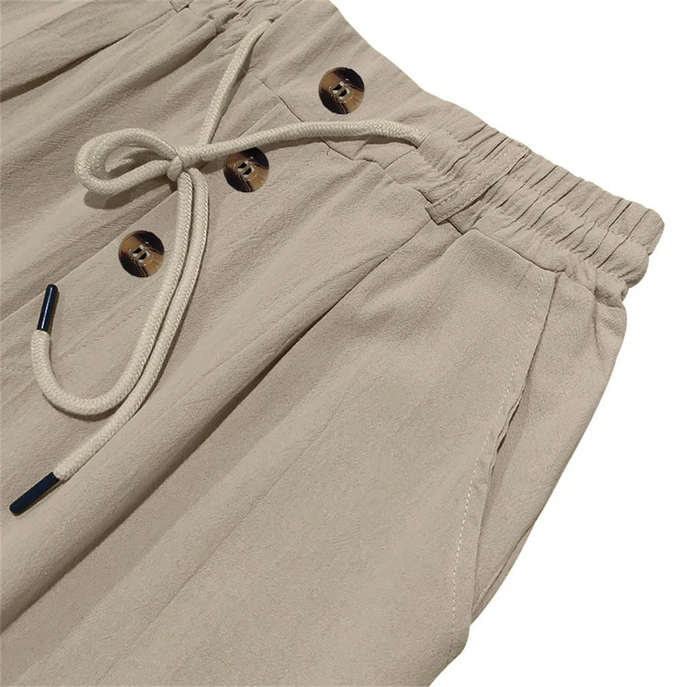 Autumn New Men's Cotton Pants Solid Color Button Drawstring Design Casual Loose Fit Cozy Trousers Simple Style Long Pants