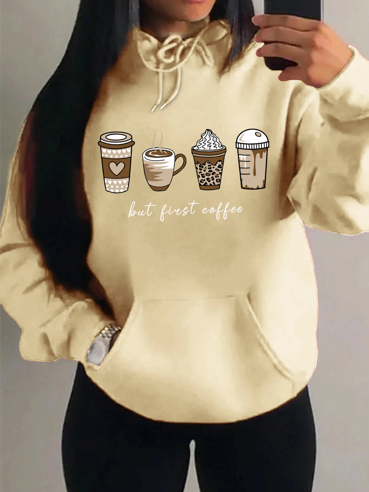 But First Coffee Cartoons Coffee Drinks Pattern Hoodies Fashion Warm Hoody Casual Trendy Sweatshirt Street Women Pullovers