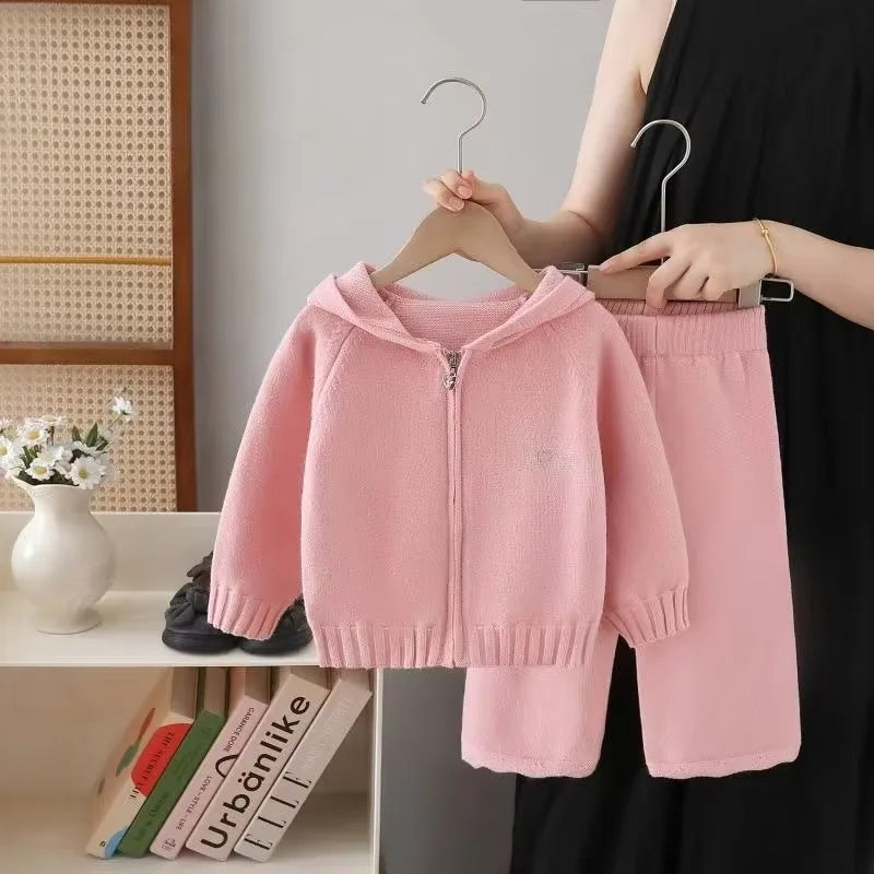 Girls Knitted Sweater Set Spring Fall 2026 New Kids Hooded Pullover Pants 2 Piece Set Little Girls Casual Warm Outfit