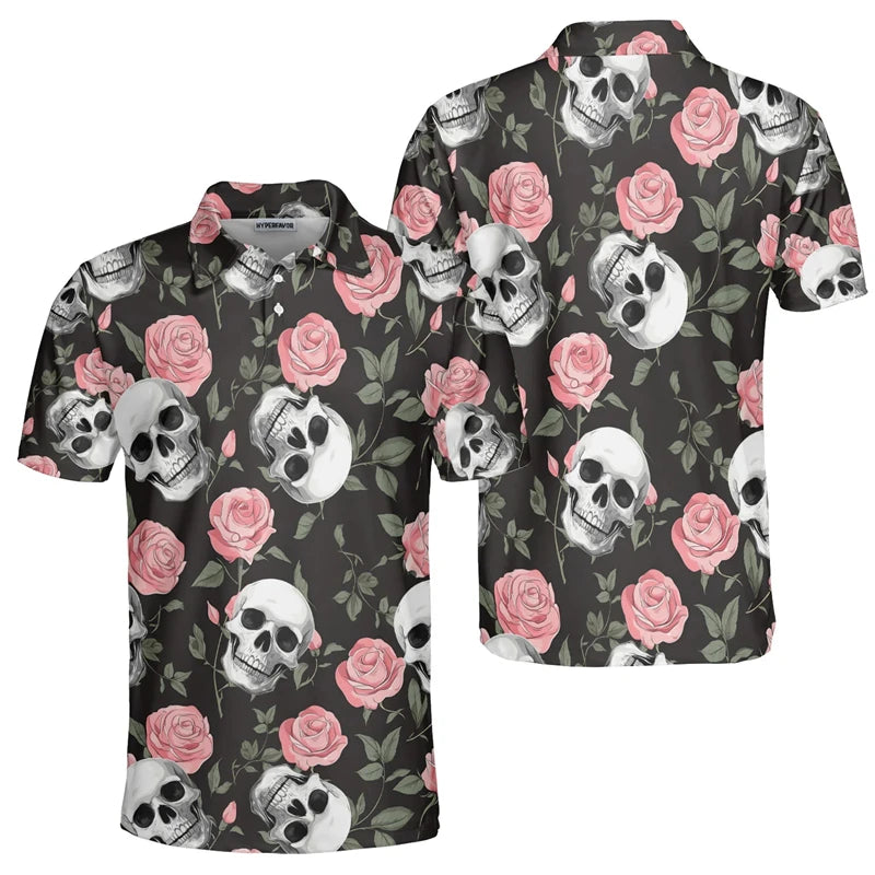 3D Print Skull Fashion Men's Polo Shirt Fashion Trendy Skull Flower Streetwear Unisex Short Sleeve Golf Sport Shirt Button Tops