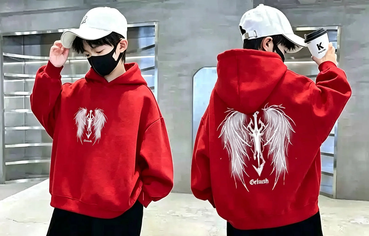 Boys Hoodie Streetwear Angel Wings Trident Print Kids Loose Hooded Sweatshirt Casual Teen Pullover