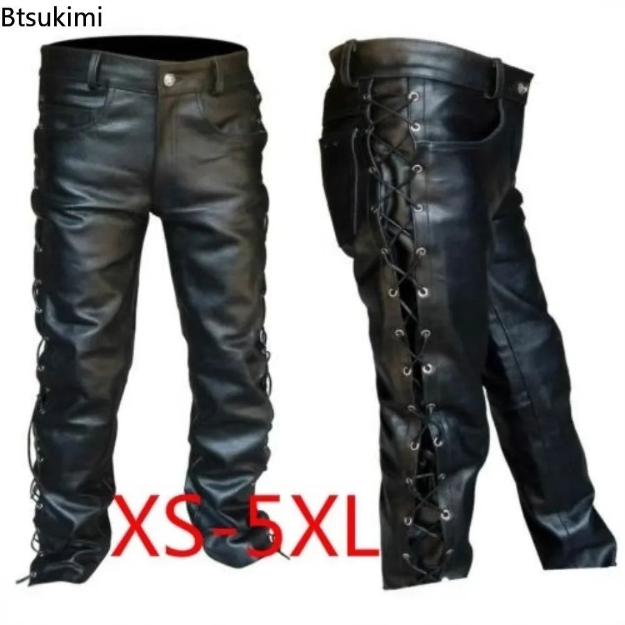 Men's Black PU Leather Side Laces Up Punk Style Long Pant Motorcycle Leather Trousers Leather Motorcycle Four Seasons Pants Male