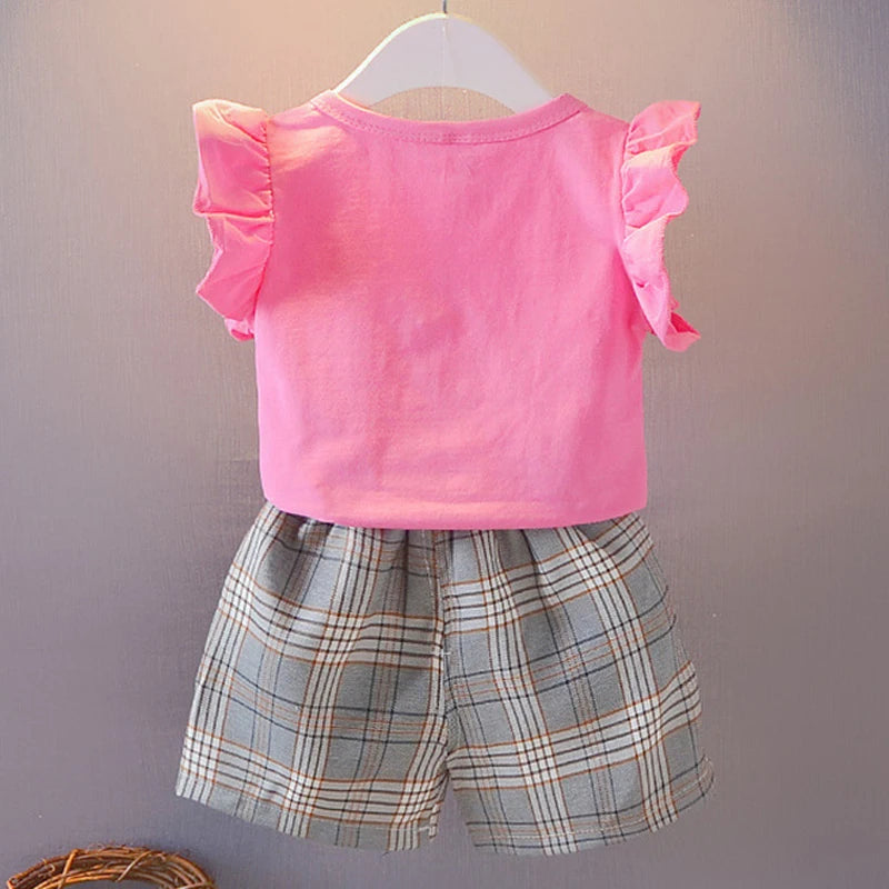 Kid Baby Girl Clothes Set Ruffle Sleeve Bow T-shirt+Plaid Short Pant 2Pcs Girl Suit Casual Cotton Children Clothing Outfit A875