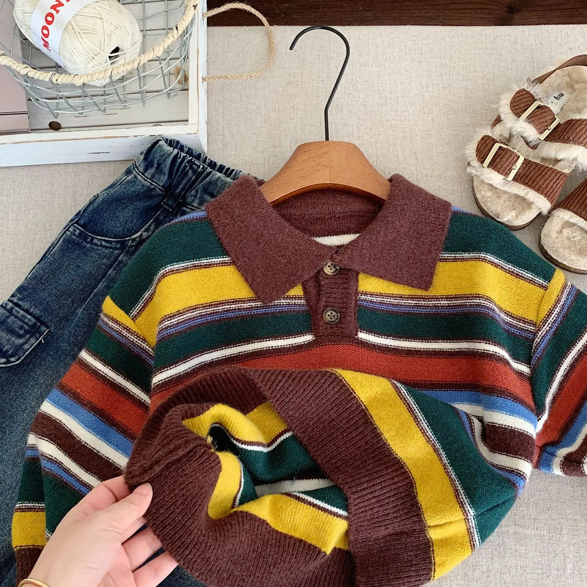 Children's Sweater Autumn Boys' and Girls' Korean Version Collar Striped Knitted Sweater Rainbow Top Trendy Kids Clothes