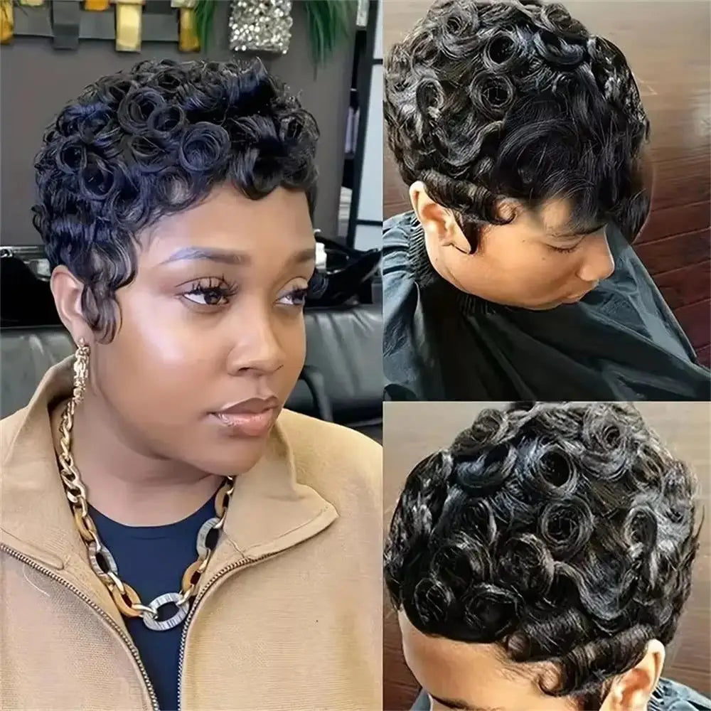 Women's Human Hair Pixie Cut Wig Full Machine Made - Short Layered Curly with Bangs, Natural Black 250% Density