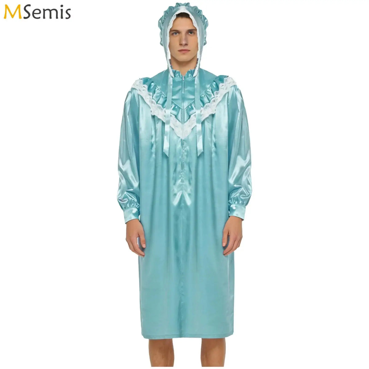 Mens Pajamas Party Vintage Victorian Style Nightgown with Hat Set Ruffled And Lace Trim Long Sleeve Front Zipper Sleep Dress