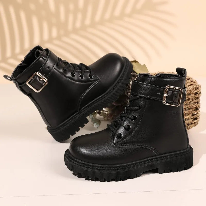 Kids Short Boots Versatile Fashion Children Leather Boots Soild Color Soft Bottom 2025 Autumn Winter New Girls Casual Boots