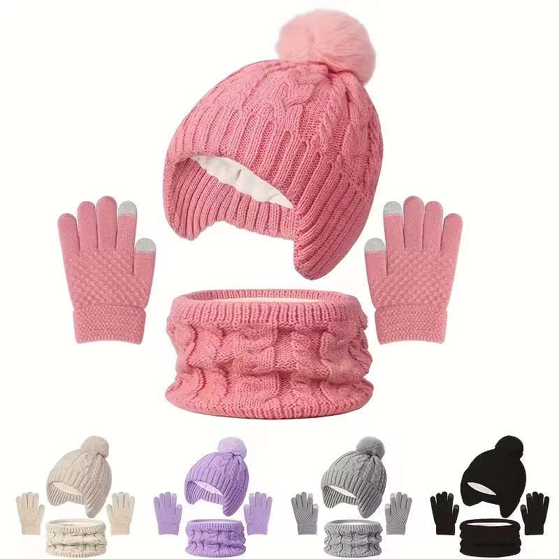 3Pcs/set Children Hat Scarf Gloves Winter Plush Velvet Knitted Hats for Girls Boys Cute Pompom Beanie Kids Warmer Accessories