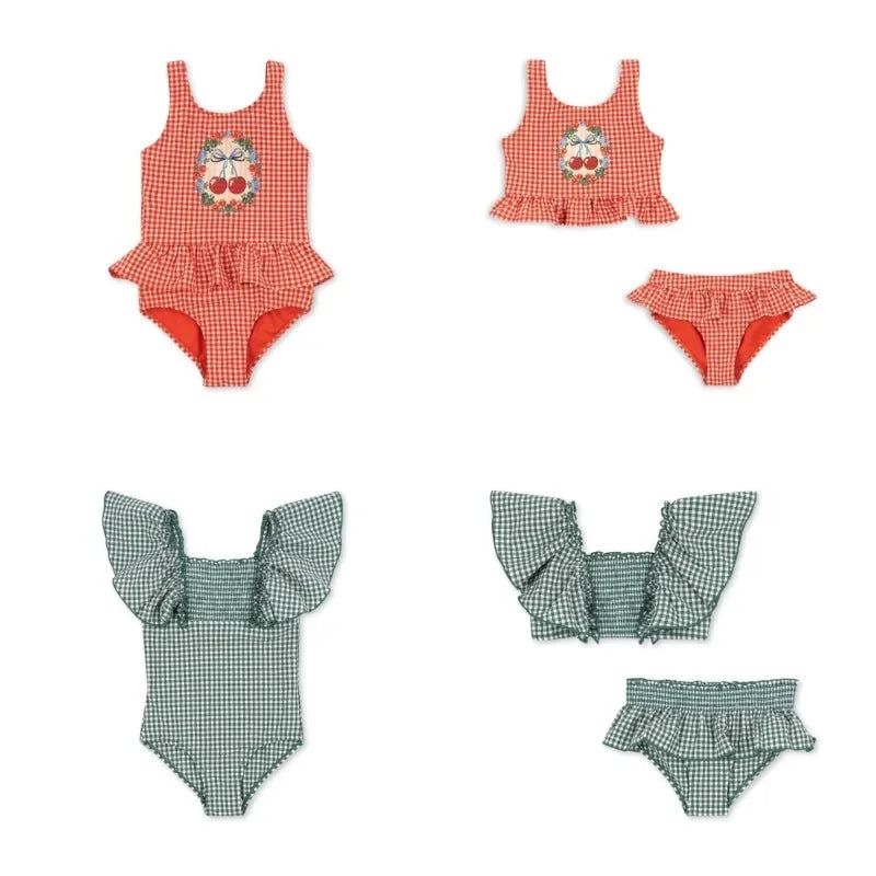 Kids Swimwear for Girls Bikinis Bebe Swimming Baby Girl Swimwears Cherry Grid Two Pieces Sunscreen Swimsuit   Children Swimsuits