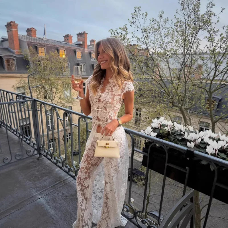 White Lace Embroidery Pant Suit Women Stand Neck Sleeveless Hollow-out Waist Cinching See Through Set Lady Summer Sheer Outfit