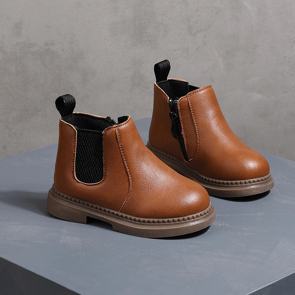 COMFY KIDS Toddler Brown Leather Chelsea Ankle Boots, Soft Cushioned Non-Slip Rubber Sole Boys Girls Zipper Short Boots, Autumn
