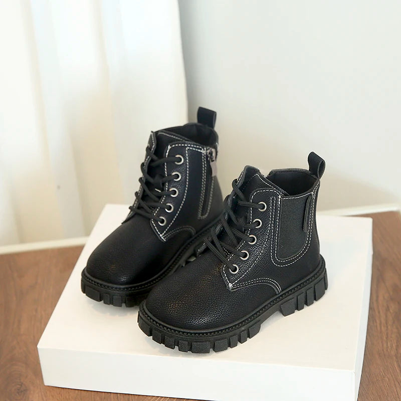 Children Ankle Boots Soild Color Retro Kids Short Boots Round Toes 2025 Autumn Winter New Boys Girls Leather Boots British Style