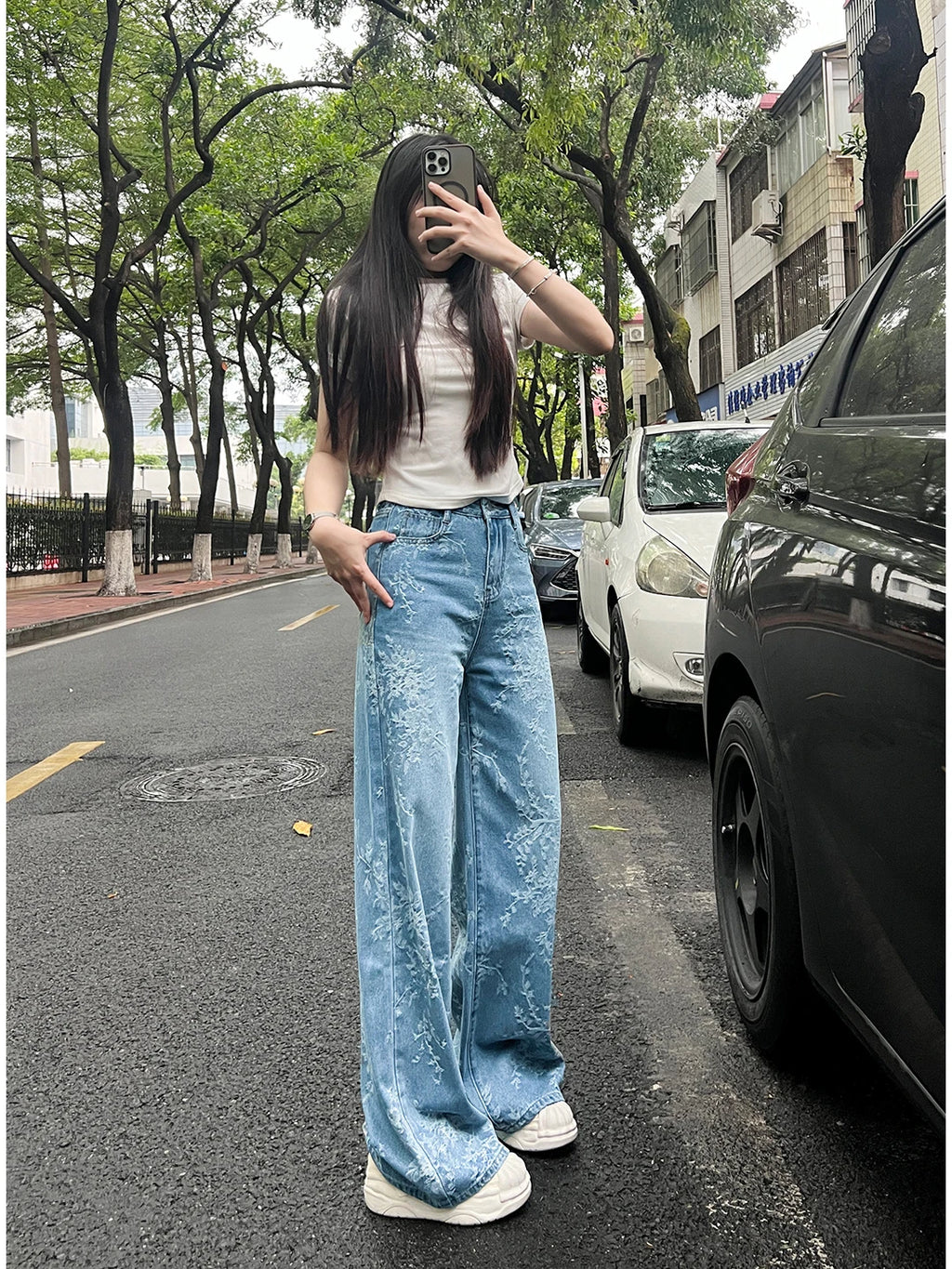 Women's Embroidered Floral Wide Leg Jeans High Waist Slim Fit Straight Cut Summer New Sle Thin Version Casual Denim Pants