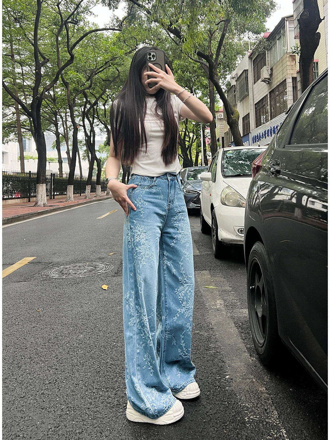 Women's Embroidered Floral Wide Leg Jeans High Waist Slim Fit Straight Cut Summer New Sle Thin Version Casual Denim Pants