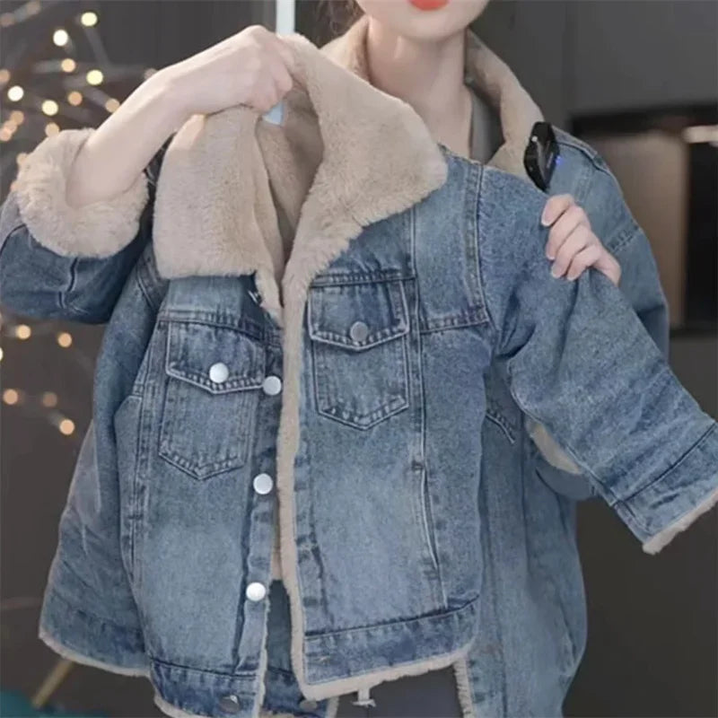 Girls Thick Denim Jackets Children's Plus Velvet Winter Warm Coats New Padded Outerwear Kids Fleece-lined Casual Clothing 4-12Y