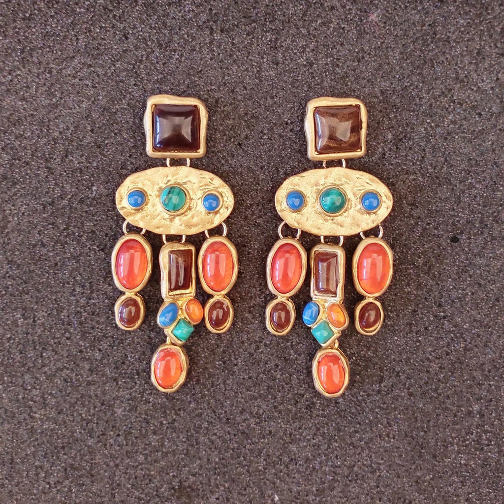 Women's Fashion Jewelry Gold Color Metal Colorful Gem Stone Beaded Chunky Pendant Drop Earrings and Long Large Bib Necklace Set
