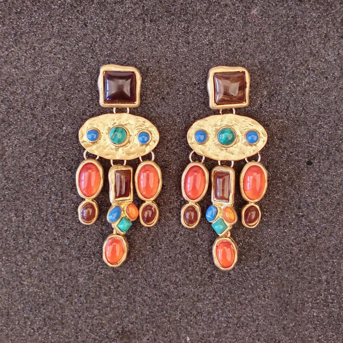 Women's Fashion Jewelry Gold Color Metal Colorful Gem Stone Beaded Chunky Pendant Drop Earrings and Long Large Bib Necklace Set