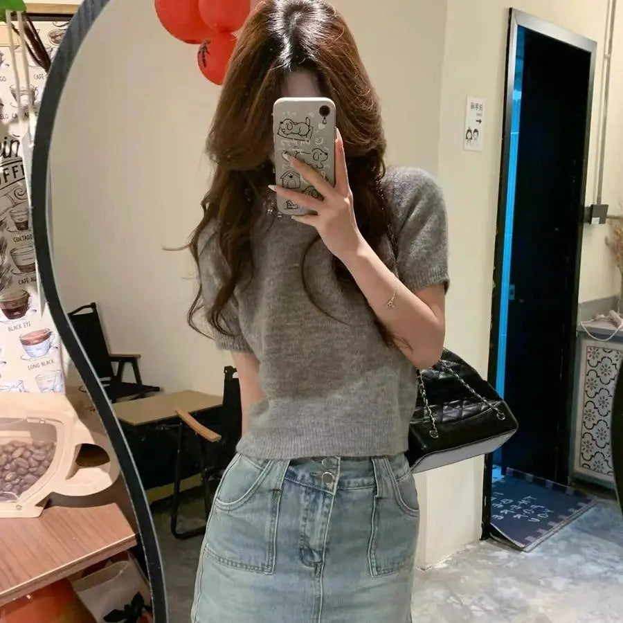 Spring Gray Round Neck Short sleeved T-shirt Women Tops Sweater Summer New Fashion Mohair Knit Pullover Versatile Slim Short Top