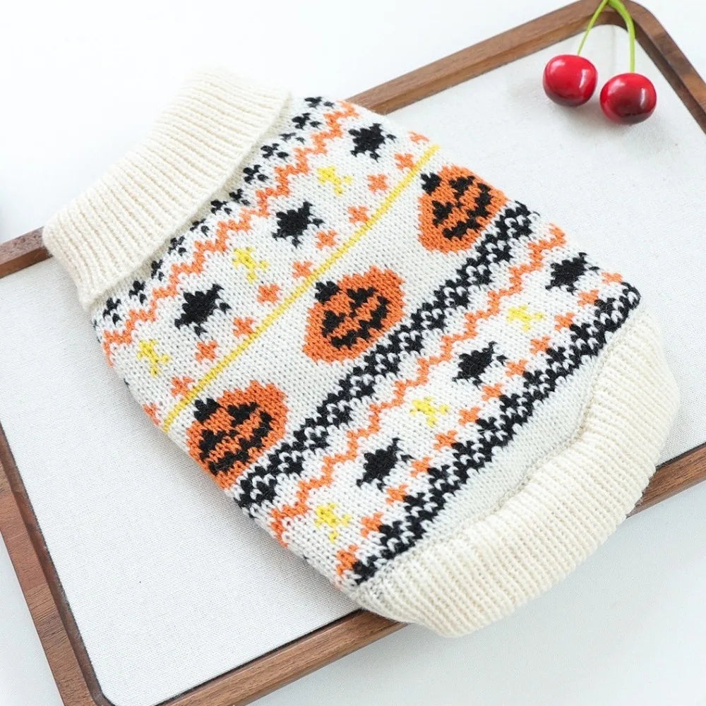 Pet Costumes Warm Halloween Pet Sweater Knitwear High Neck Dog Pumpkin Pattern Coat Soft Cozy Pet Clothing Daily Wear