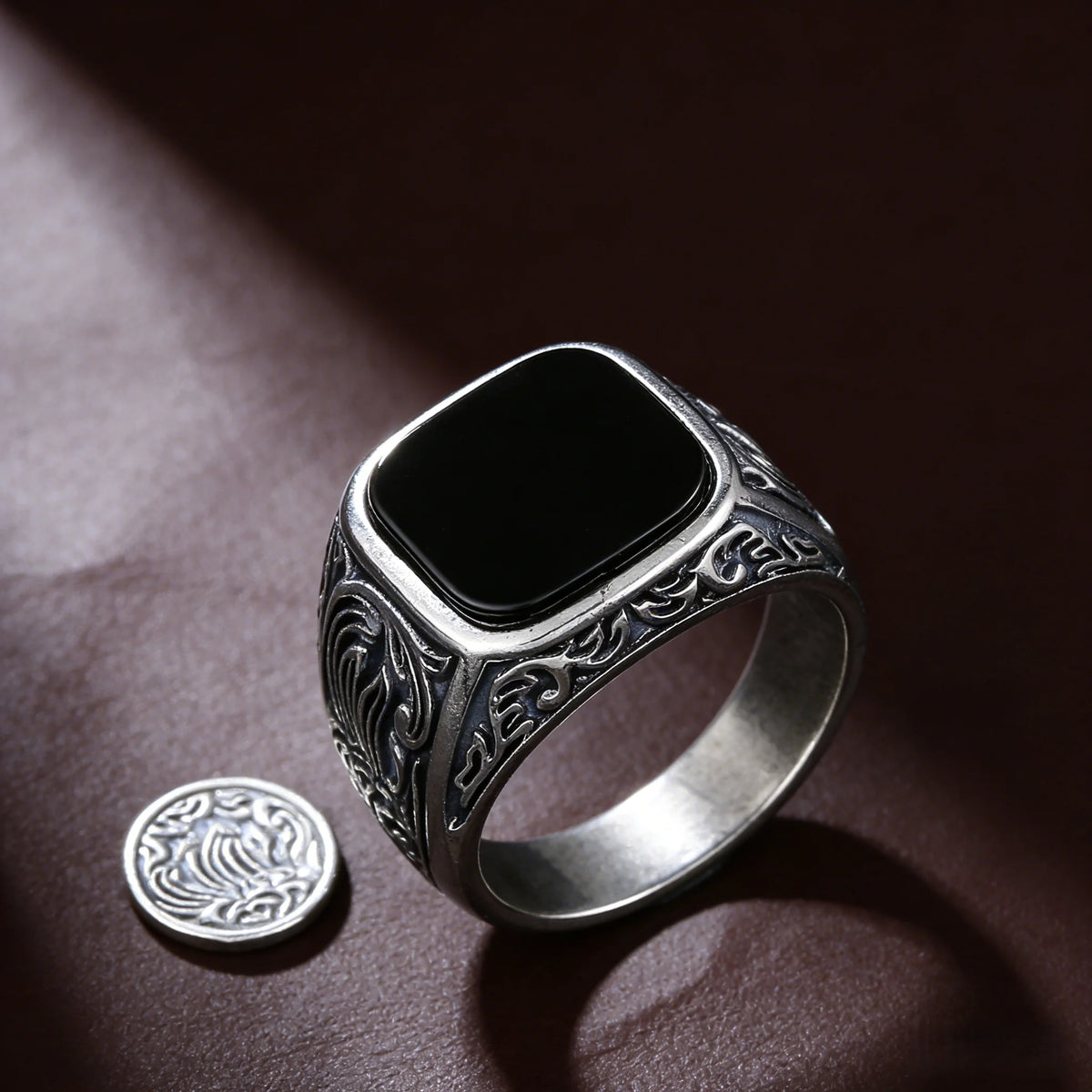 Men‘s Black Onyx Ring, 12x14mm Square Gem Carved Vintage Sterling Silver Band, Bold Gothic Statement Jewelry Gift for Him