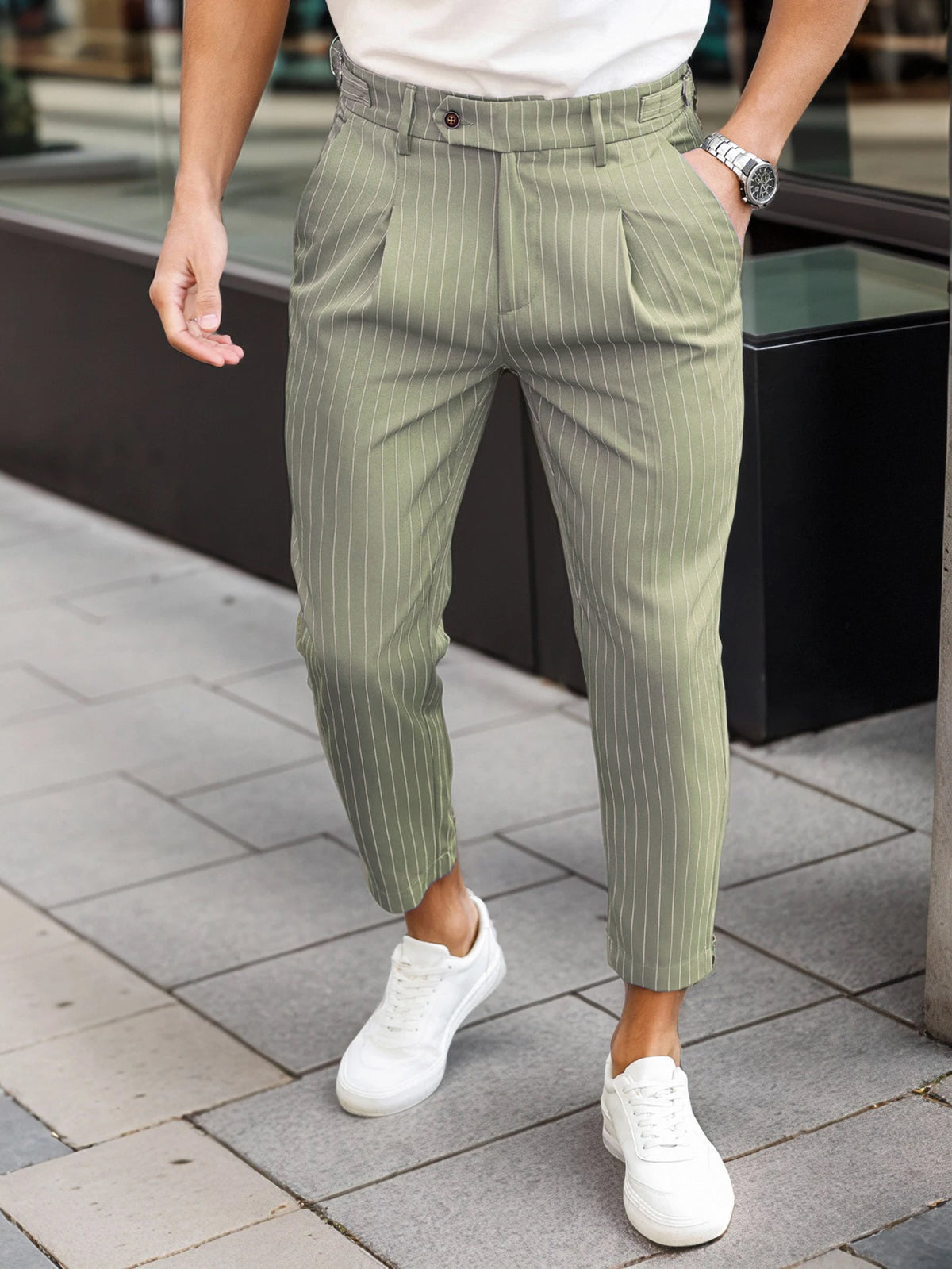 Men's Casual Vertical Striped Tapered Cropped Pants Gurkha High Waist Stretch Slim Fit Business Grey Navy Green Trousers