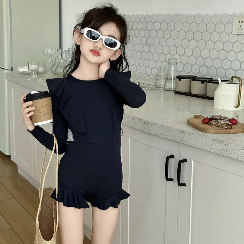 Girls Swimwear 2026 Ins Summer Simple Solid Hollow Out Long Sleeve Sunscreen Children Girls Swimsuit Kids Girls Swimwears