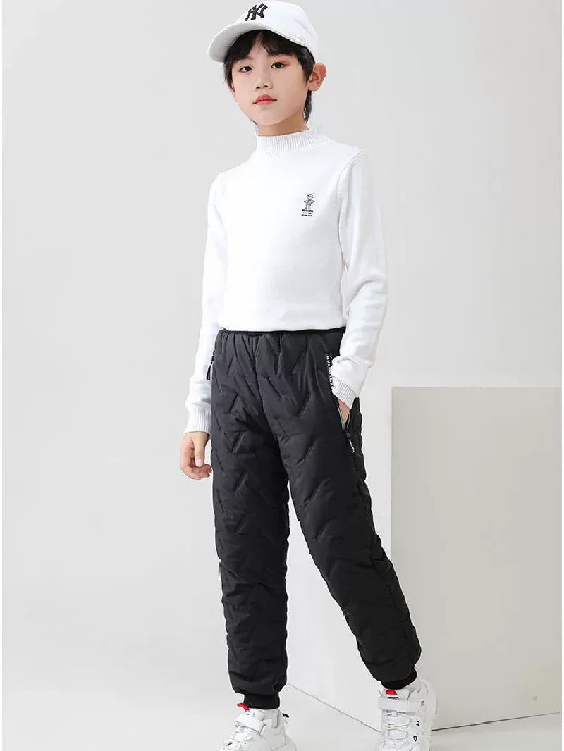 Boys Girls Padded Cotton Pants Winter Kids Plus Velvet Thick Warm Trousers Teen Waterproof Pants Children Clothes 4-14 Years
