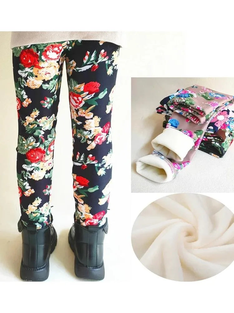 Floral Print Autumn Winter Velvet Warm Kids Pants for Girls Leggings